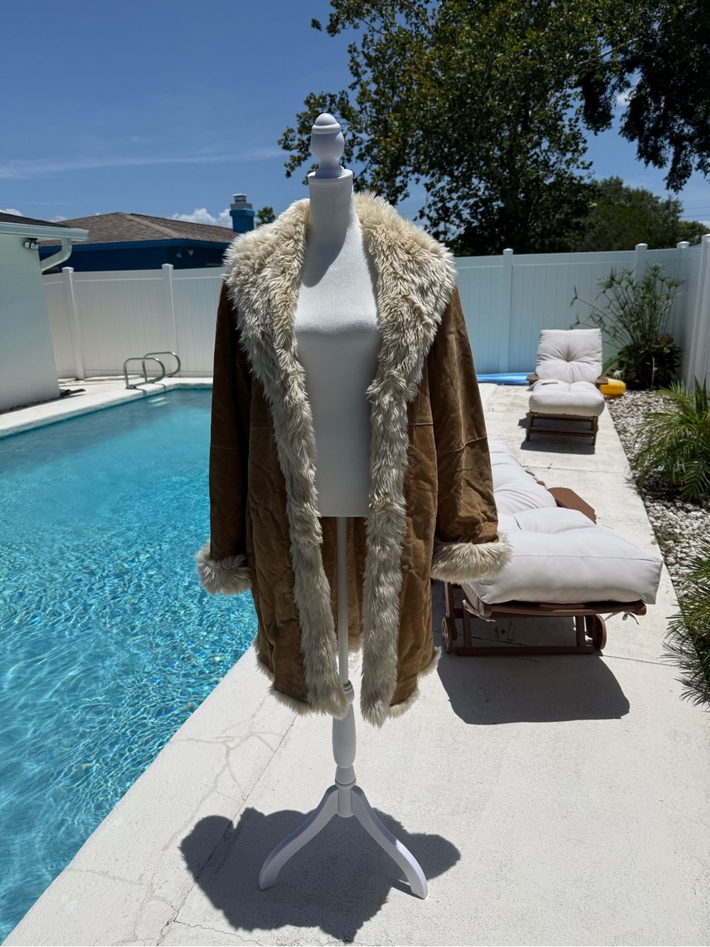 Penny Lane Brown Suede Shearling Coat with Cream Fur Trim - Picture 2 of 14